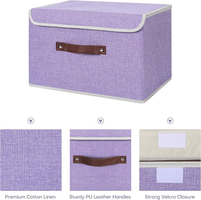 ANMINY Fabric Storage Box Bins with Lids, Purple, 13"x9"x7.9", 4 Pack | Keepsake Memory Storage, Cotton Linen, PP Board Reinforced, Washable, PU Handles, Foldable & Stackable, Decorative, Medium