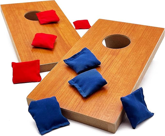 Super Fun, Portable Mini Desktop Cornhole Set of 2. Coated Wood Boards with 4 Red 4 Blue Bags. Gift for Students, Office Employees or Work From Home. Simple Easy Tabletop Game for Groups or Solo!