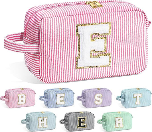 YOOLIFE Bridal Shower Gifts - Bridesmaid Bag, Bridesmaid Proposal Gifts for Wedding Day, Bride to be Gifts, Maid Matron of Honor Gift, Bachelorette Party Favors, Pink Initial Makeup Bag Cosmetic Bag E