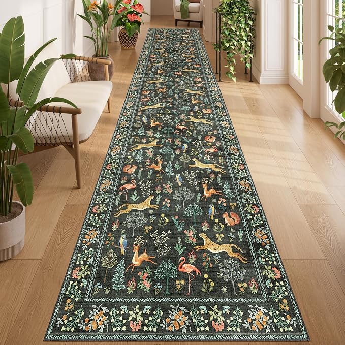 DUKINO 3x14 Runner Rug for Hallway, Washable Animal Kitchen Rugs, Black | Non Slip, Low Pile, Soft Indoor Long Runner Rug for Entryway, Bedroom, Bathroom, Laundry, Pet Friendly, Stain Resistant