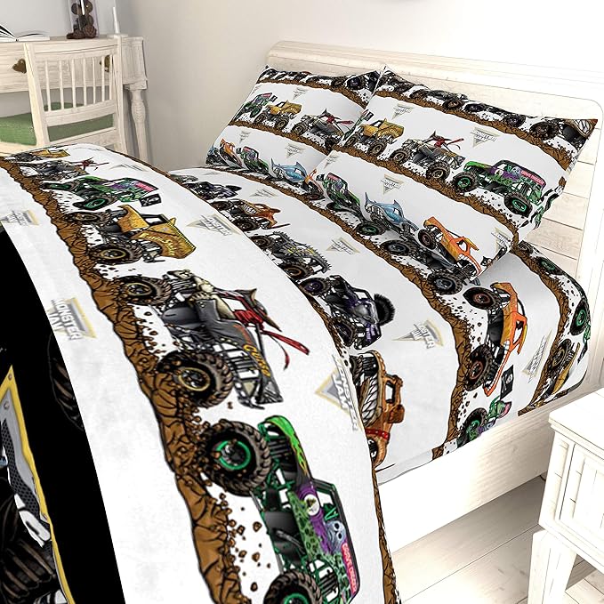 Jay Franco Kids Sheet Set with Fitted, Flat Sheets & Pillow Cover - Ultra-Soft Bedding with Pillowcase for Room Decor, Multi - Monster Jam, 4 Piece Full