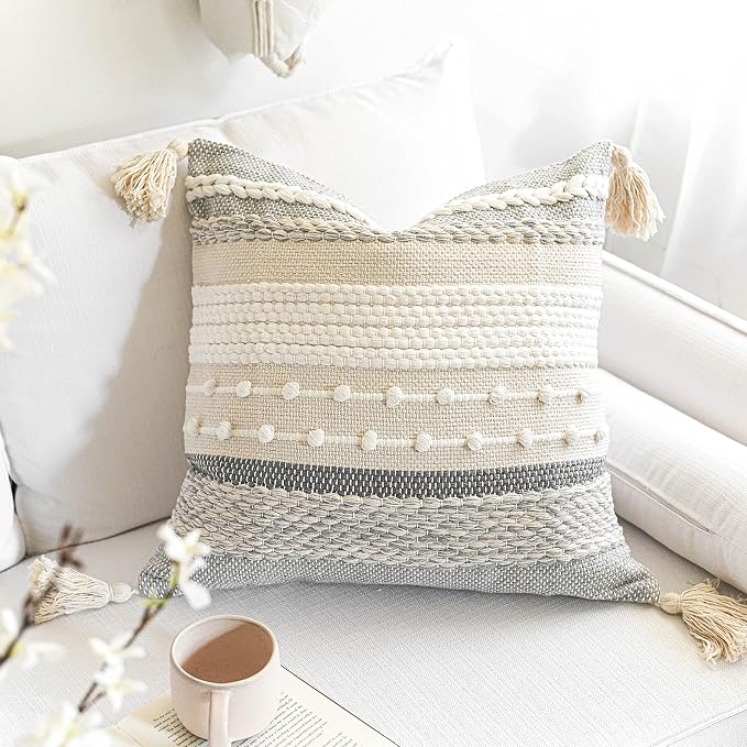 Gray Boho Throw Pillow Cover 22x22, Grey Decorative Accent Pillow for Couch, Square Woven Textured Pillowcase, Modern Farmhouse Pillow for Bed, Bohemian Pillow Cover (Pack of 1)