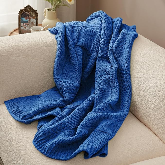 Knit Throw Blanket, Soft Chenille Cozy Breathable Checkered Chunky Decorative Blanket for Couch, Bed & Sofa, French-Inspired Lightweight Warm Gift for Women, Royal Blue, 50"x60"