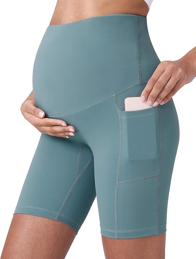 POSHDIVAH Women's Maternity Yoga Shorts Over The Belly Bump Summer Workout Running Active Short Pants with Pockets 5"/8"
