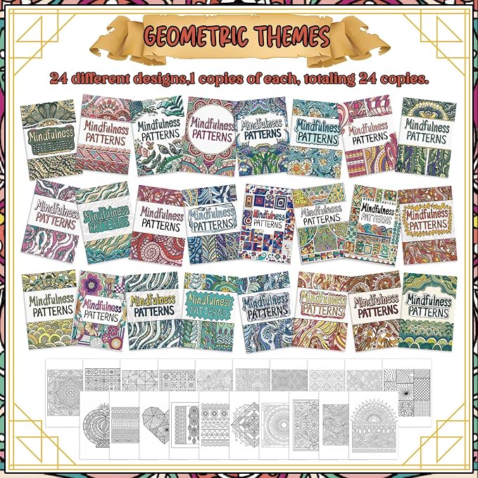 Liliful 24 Pcs Mindfulness Geometric Theme Coloring Book Bulk – Intricate Pattern & Mandala Coloring Books for Stress Relief, Ideal for Adult Relaxation, Gift Fillers & Self-Care Activities