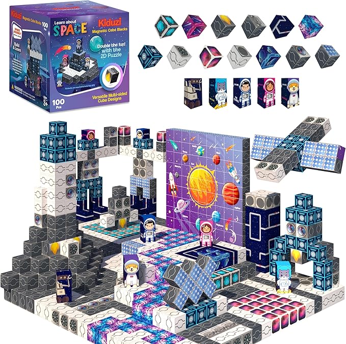 2 in 1 Toy: 1 inch Magnetic Building Blocks – Space Adventure Edition - 100-Piece STEM Toy Ages 3-10+ - 2D Puzzle & 3D Models - Screen-Free Fun - Strong Magnets, Durable & Travel-Friendly