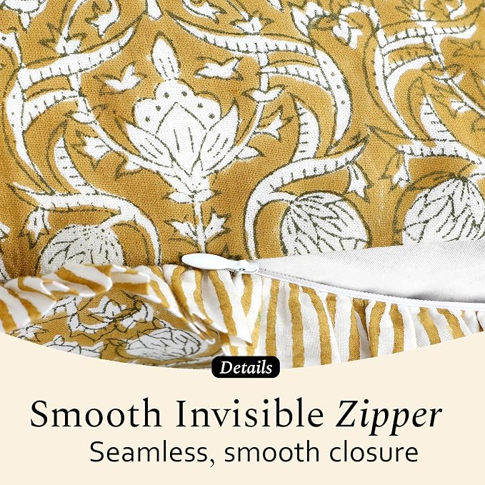 CPC Block Print Ruffle Throw Cover Mustard Regal 18"x18" Inch Pack of 2-100% Cotton Ruffle Couch Decorative Boho Pillows Case for Living Room, Bedroom, Sofa, Farmhouse Gift for Spring, Mother's Day