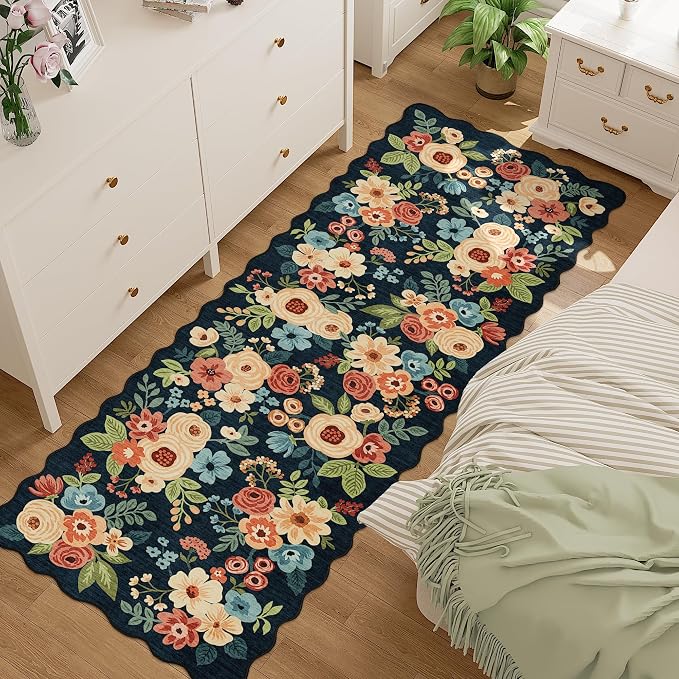 DUKINO 2.6x8 Runner Rug, Floral Washable Kitchens Rugs Non Slip, Navy Blue | Low Pile, Stain Resistant, Soft Throw Carpet Runner for Hallway, Entryway, Bedroom, Bathroom, Pet Friendly, Modern Home Decor