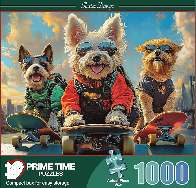 1000 Piece Jigsaw Puzzle for Adults - Funny Dog Puzzle - Dogs on Skateboards take Over The Big City - Challenging Puzzle - 1000 Pieces for Adults. 20x27 inches