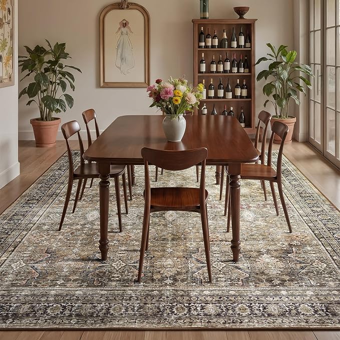 9x12 Area Rugs for Living Room,Washable Non-Slip Brown Large Carpet | Soft Area Rugs for Bedroom, Dining Room, Home Office Indoor Nursery, Stain Resistant, Low Pile, Vintage Distressed Rug