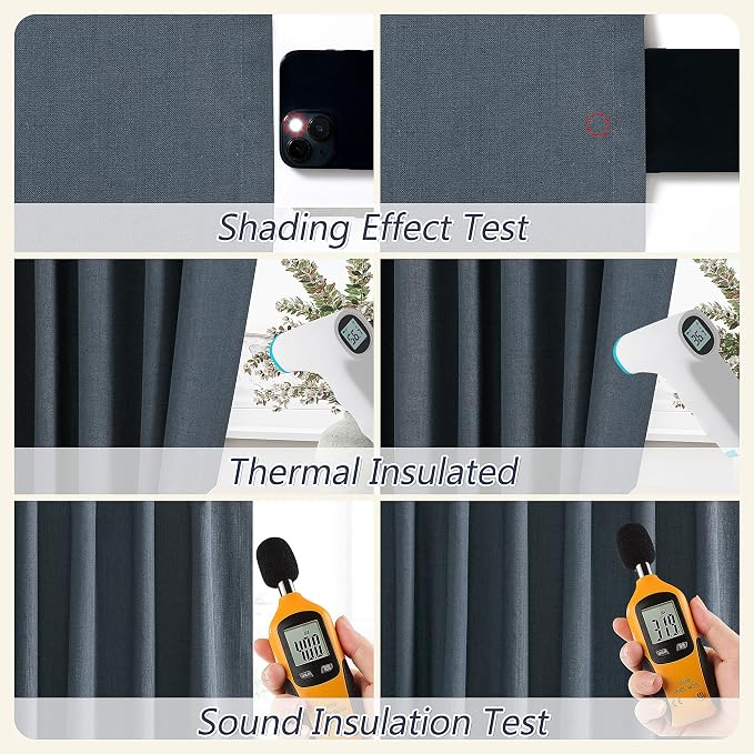 Guken Vintage Blue 100% Blackout Linen Curtains 108 Inch Length 2 Panels Set for Living Room Bedroom Back Tab Rod Pocket Thermal Insulated Black Out Drapes Room Darkening Window Curtains