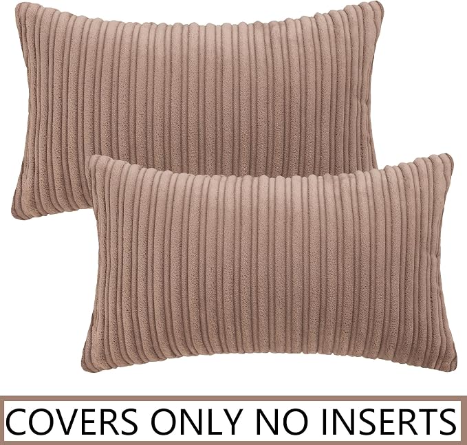 UGASA Fall Soft Velvet Stripe Decorative Lumbar Pillow Covers Set of 2 Solid Corduroy Textured Euro Oblong Cushion Cases for Couch Bedroom Sofa Farmhouse, 12x20 Inch, Light Brown