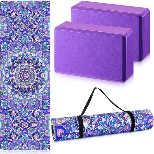 Tinideya 3 Pcs Yoga Mat Yoga Block 6 MM Thick Yogas Mat Non Slip with Carrying Strap Travel Mats for Exercise, Fitness, Pilates, Floor Workouts