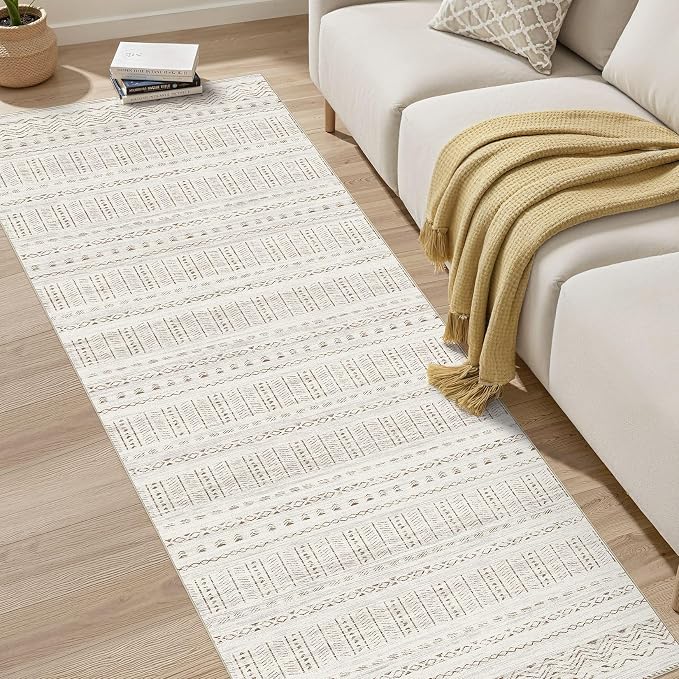 cotiled Hallway 2.6x8 Runner Rugs: Washable Boho Rugs with Non Slip Backing Large Soft Indoor Low Pile Carpet for Living Room Bedroom Farmhouse Dining Room Lightweight Home Decor Brown/Cream