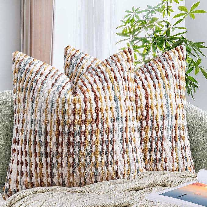 Set of 2 Boho Chenille Pillow Cover Decorative Tufted Pillowcase for Couch Bed Sofa Bedroom Living Room Modern 20 x 20-Inch Brown
