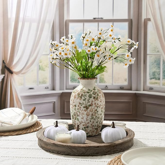 Green and Beige Antique Vase, 7.95" Vintage Chinoiserie Floral Vase, Modern Farmhouse Ceramic Vase for Home Decor, Living Room, Bookshelf, Office, Entryway, Garden, Chinoiserie Decor, Tuscan Decor