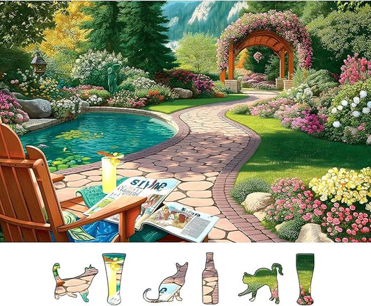 Puzzles for Adults 500 Piece Beautiful Garden Landscape with Tranquil Pool Jigsaw Puzzles Nature Flower Garden Cozy Scene with Letters on Back for Nature Lovers Ideal for Game Night (23''X15'')