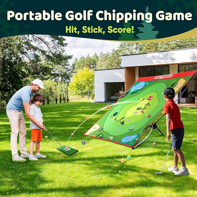 Golf Chipping Game Set : Portable 6-Angle Adjustable Practice Mat Set with 20 Sticky Balls for Indoor Outdoor Training & Family Fun (Golf Club Not Included)