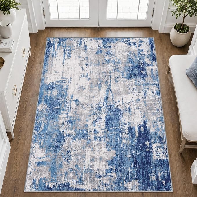 RELEANY Washable 3'x5' Abstract Area Rug for Living Room Blue Gray | carpet for bedroom, kitchen, office, hallway and entryway, printed pattern, non-slip, soft, stain-resistant, easy to clean