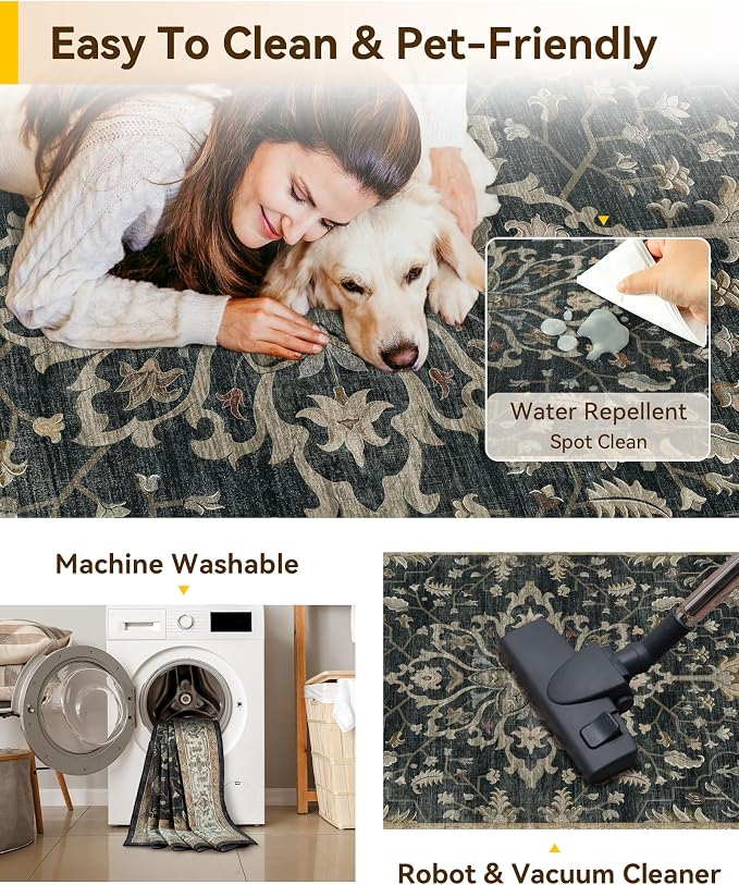 RELEANY Area Rugs Square 4ft Washable Non-Slip, Floral Vintage Distress Medallion Carpet for Living Room Bedroom Dining Room, Vintage Black Brown Neutral