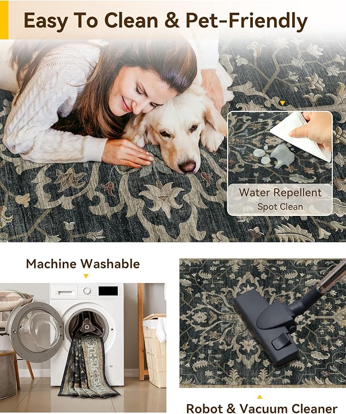 RELEANY Area Rugs 3'x5' Washable Non-Slip, Floral Vintage Distress Medallion Carpet for Living Room Bedroom Dining Room, Vintage Black Brown Neutral