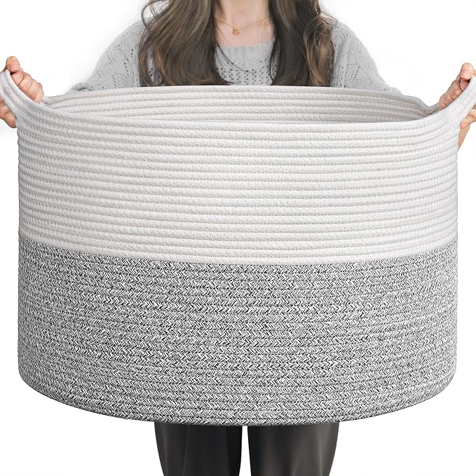 INDRESSME Large Woven Rope Blanket Basket Living Room Light Grey, 65L | 19.7" x 12.6" Storage baskets for laundry, toys & pillows. For living room, bedroom or nursery decor. soft-touch, gift basket