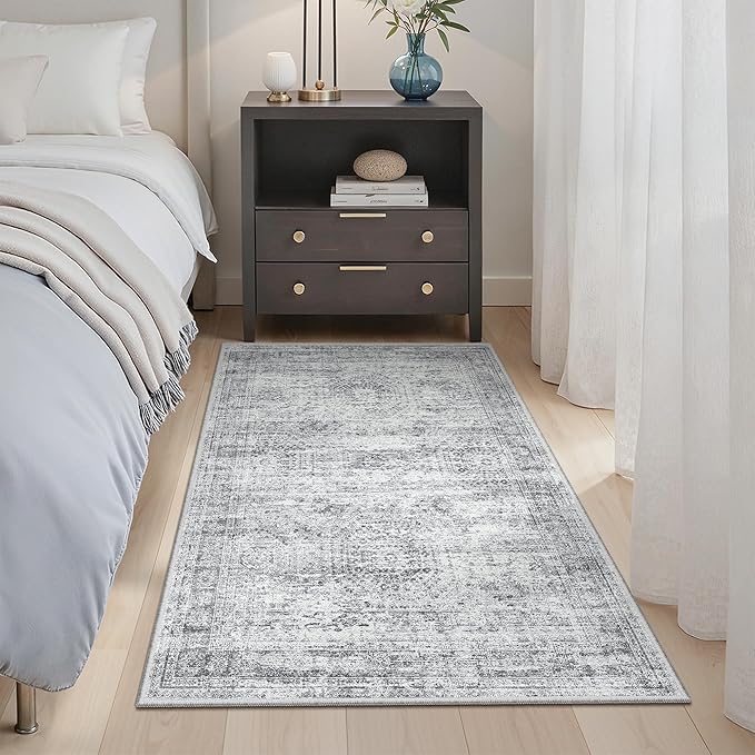 Soalmost 3x4 Rugs Non-Slip, Small Washable Kitchen Entryway Area Rug Grey | Vintage Low Pile Carpet for Nursery Coffee Table Bathroom, Foldable Stain Resistant Indoor Door Mat Entrance Powder Room