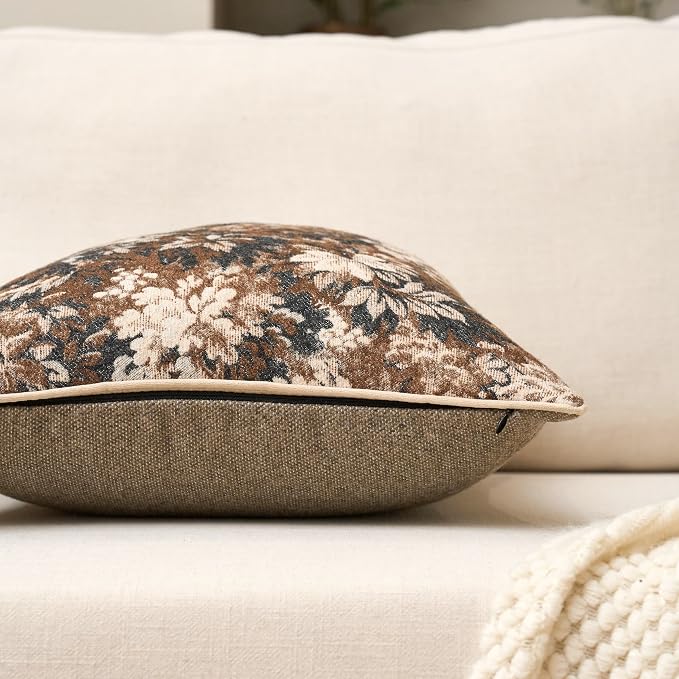 Neutral Floral Pillow Cover 18 x18 Inches, Vintage Chenille Square Throw Pillow Cover Soft Decorative Farmhouse Accent Couch Pillow Cover for Living Room Bedroom, Coffee Brown