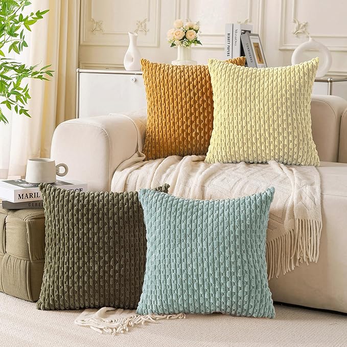 Set of 4 Yellow Olive Aqua Decorative Throw Pillow Covers 24x24 Inch Corduroy Pillow Covers for Bed Couch Sofa Living Room Soft Square Cushion Cases