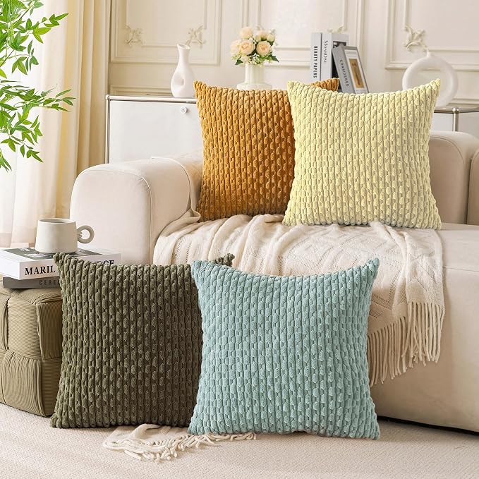 Set of 4 Yellow Olive Aqua Decorative Throw Pillow Covers 18x18 Inch Corduroy Pillow Covers for Bed Couch Sofa Living Room Soft Square Cushion Cases