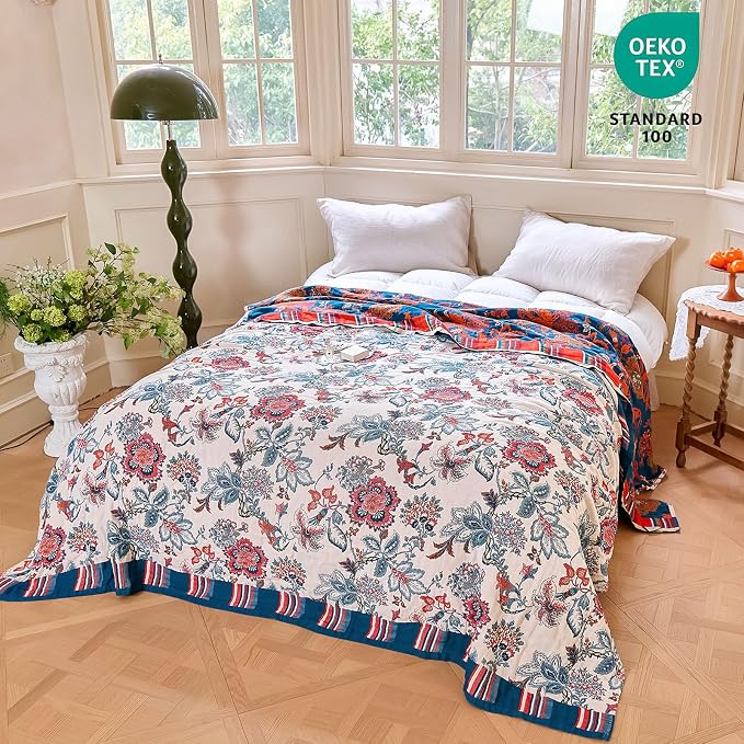 MSGKV Boho Throw Blanket 50"x60" 100% Cotton Farmhouse Floral Throw Blanket | 100% Cotton Muslin, Botanical Throw Blanket, Reversible Weave, Soft & Breathable, Vintage Floral Style, Machine Washable