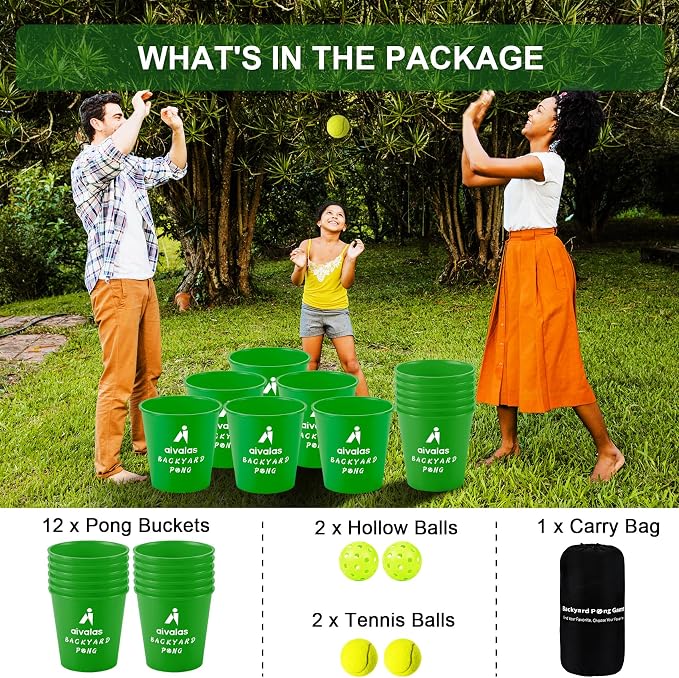 Aivalas Yard Pong Outdoor Games, Giant Yard Games Set with 12 Buckets and Balls for Adults and Family, Toss Game Throwing Games for Beach, Camping, Lawn and Backyard