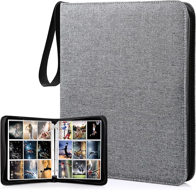 WOT I Trading Card Binder, 900 Pockets Collection Card Binder Sleeves with Polyester Fabric Cover&Zipper, Double Sided Pockets Card Holder Carry Card Case for Standard Size Cards - Grey