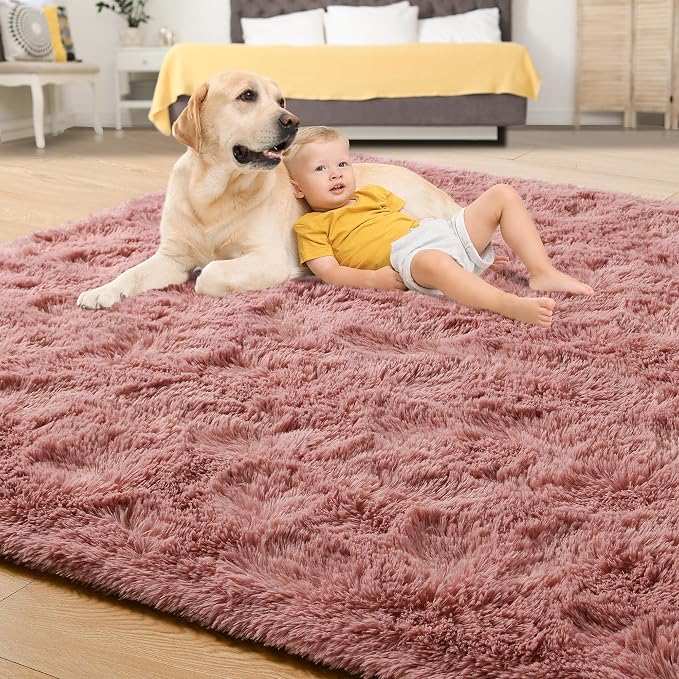 Tepook Blush Pink Area Rugs for Living Room Girls Bedroom, 4x6 Fluffy Shaggy Dusty Pink Rug for Kids Room Playroom, Plush Shag Non-Slip Carpet for Nursery Dorm Classroom, Cute Rose Beige Rug