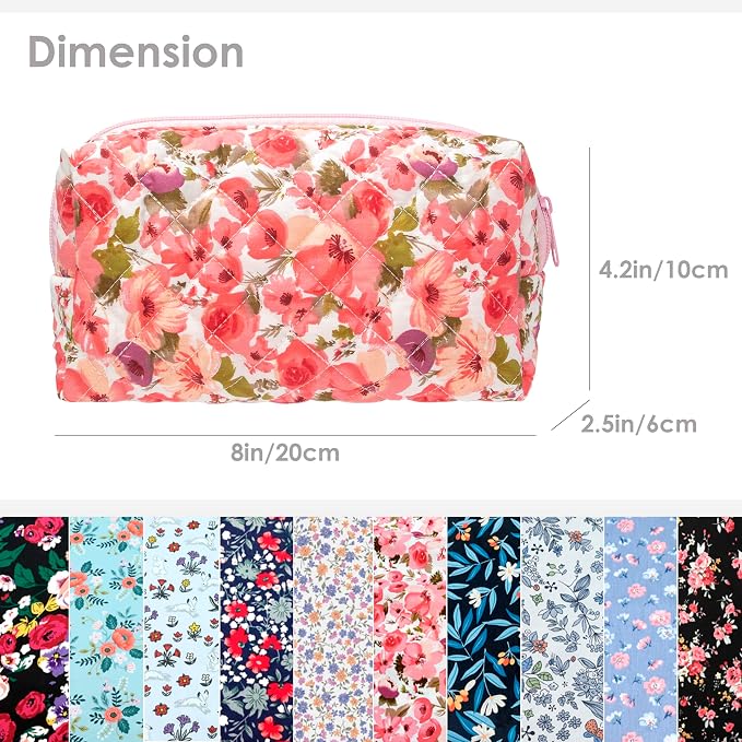 PAZIMIIK Small Quilted Makeup Bag,Zipper Cosmetic Pouch,Floral Red | Lightweight Cosmetic Bag Organizer for Women,Purse Storage Holds Makeup,Toiletries,Skincare,Beauty Essentials,Travel Items