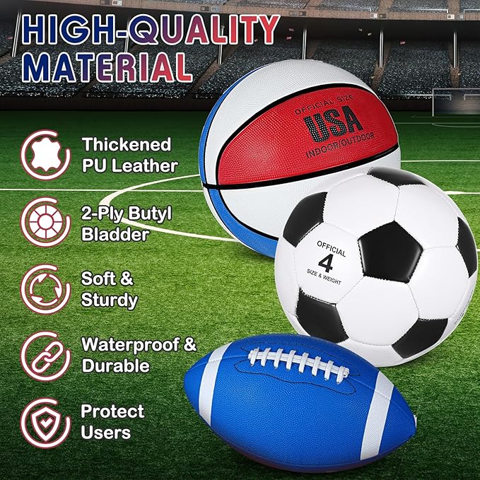 Libima 3 Pcs Sports Ball Set for Kids Teens Include Official Size 5 Basketball 4 Soccer 6 Football with Pump and Carry Bag Training Practice Sport Gift for Kids Teens Back to School