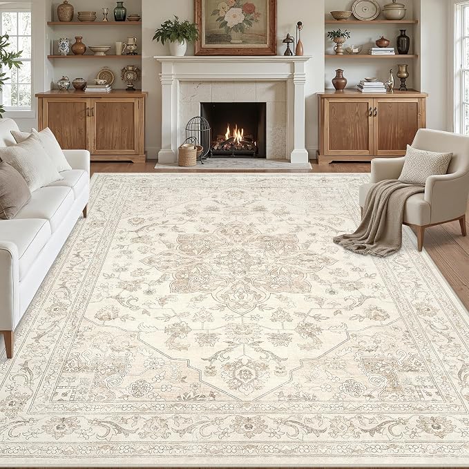 10x14 Area Rug for Living Room: Vintage Boho Neutral Washable Rug Indoor Soft Large Area Rug Carpet for Bedroom Nursery Farmhouse Dining Room Office Floor Non-Slip Low Pile Under Table Rug Beige White