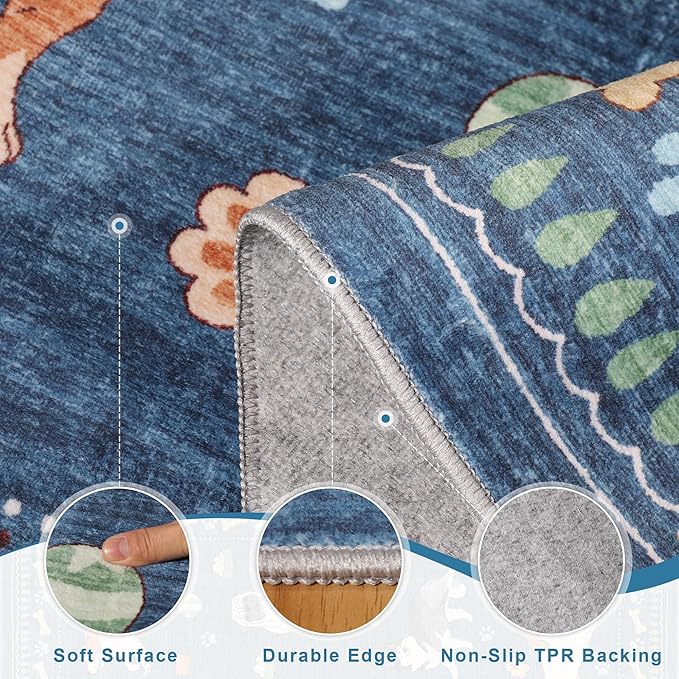 DUKINO 8x10 Area Rug, Washable Dog Rugs for Living Room Soft, Blue | Non Slip, Low Pile, Non-Shedding, Stain Resistant Animal Carpet for Bedroom Dining Room Nursery Farmhouse, Pet & Kid Friendly