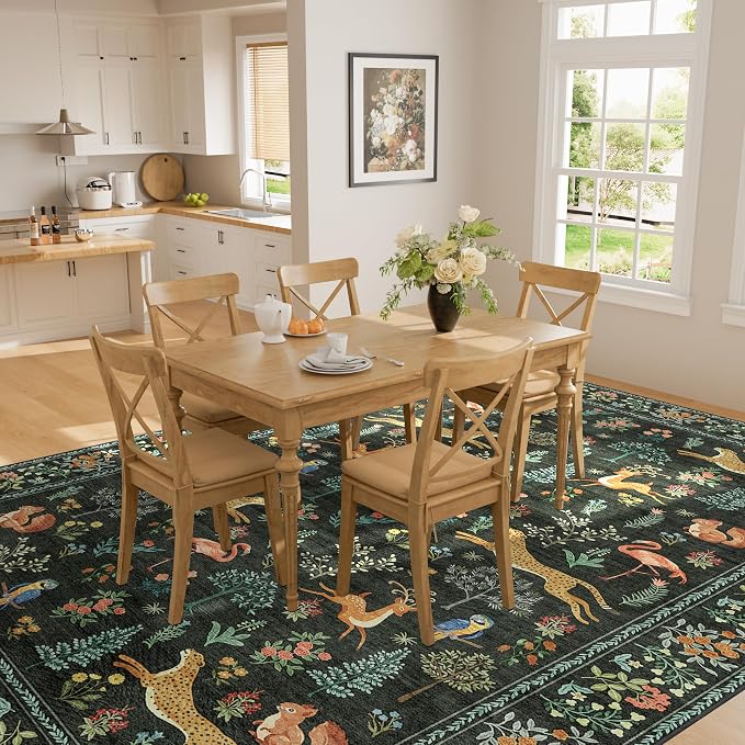 DUKINO 5x8 Area Rug for Bedroom, Soft Washable Animal Rug Non Slip, Black | Low Pile, Stain Resistant Indoor Carpet for Living Room, Dining Room, Kids Room, Office, Farmhouse, Pet Friendly, Lightweight