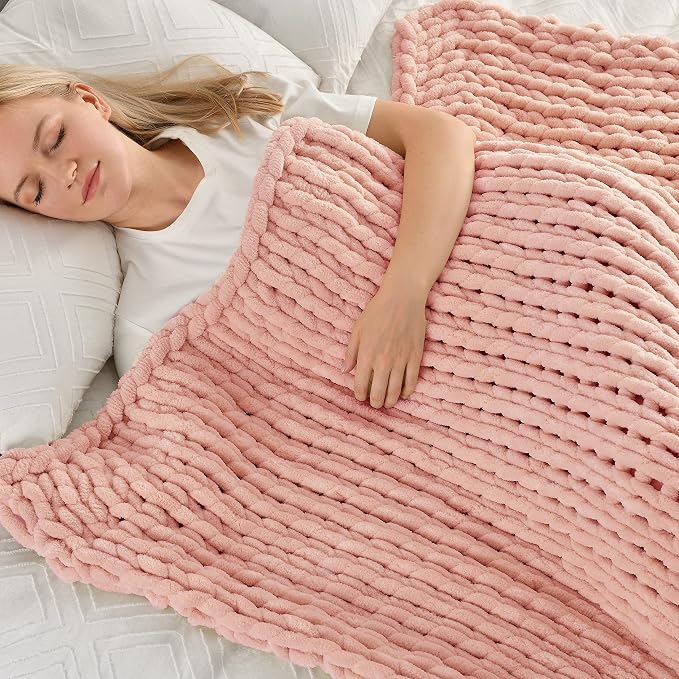 Maetoow Chenille Chunky Knit Blanket,Handmade Cozy for Home Decor,50×60,Rose Pink