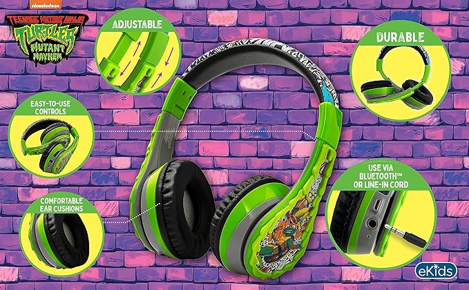 eKids Bluetooth Headphones for Kids, Wireless Headphones with Microphone, Includes Aux Cord (Ninja Turtles)
