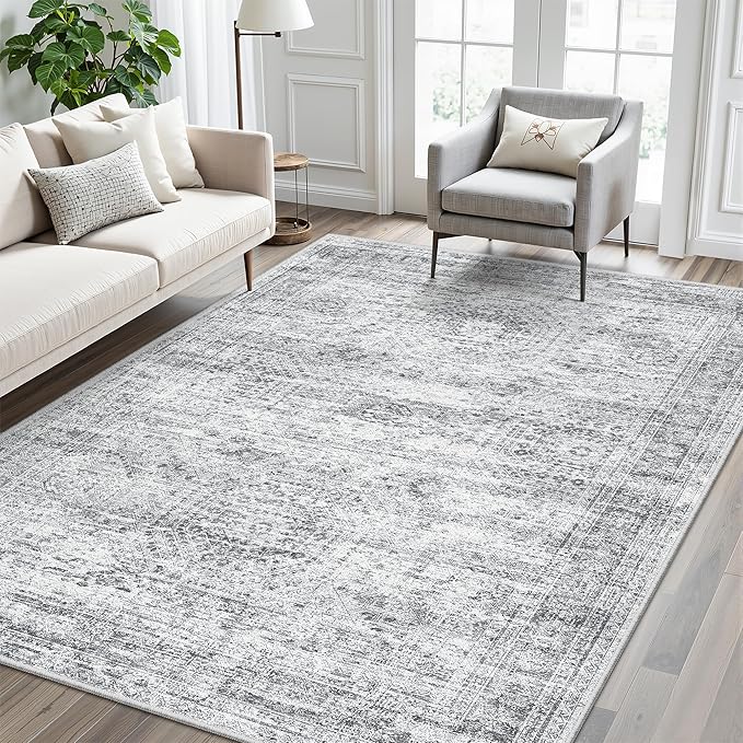Soalmost 7x9 Area Rug for Living Room Washable Rugs Non-Slip Grey | Low-Pile Vintage Carpet for Dining Bedroom, Foldable Thin Stain Resistant Floor Mat Under Table Home Office Nursery Decor