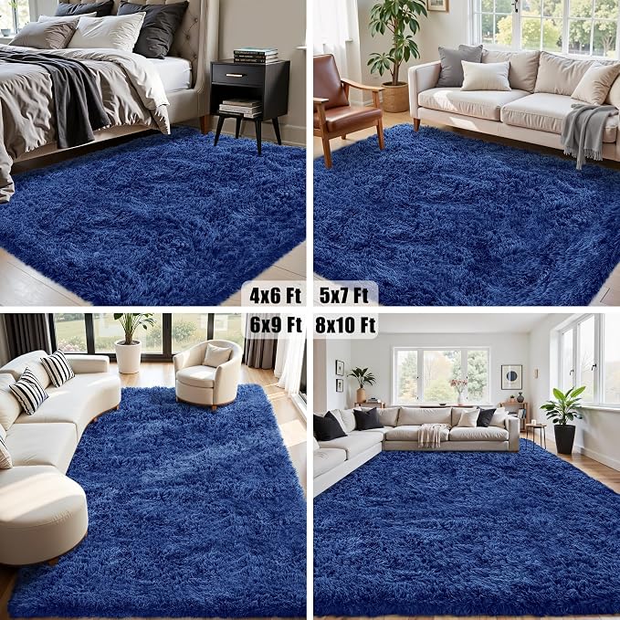 6x9 Area Rug for Living Room:Ultra Soft Fluffy Shag Navy Blue Rugs,Large Fuzzy Plush Indoor Non Slip Carpet Washable Rug for Bedroom Kids Nursery Office Dorm Modern Decor(Navy Blue 6'x9')