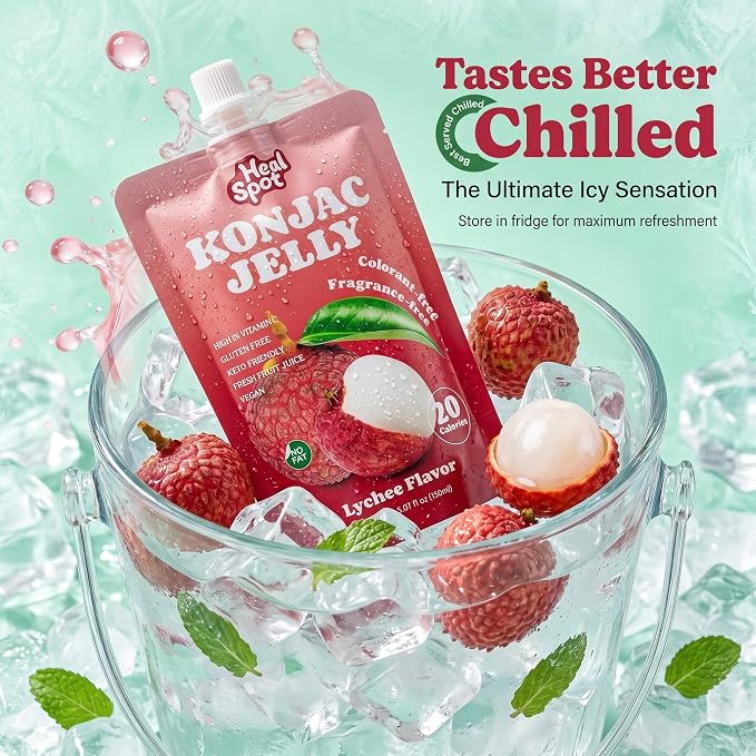 Healspot Real Fruit Juice Snacks Konjac Jelly with Collagen Peptides and Vitamin C, No Artificial Sweetener, Low Calories|Gluten Free|Keto Friendly, Healthy Korean Snacks 10 Pouches Lychee Flavor