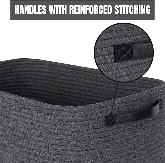 3-Pack Decorative Woven Storage Baskets for Shelves, Cube Bin Box for Organizing Books, Shoes, Dog Toys, Pantry Closet and Living Room Organizer, Charcoal / Black