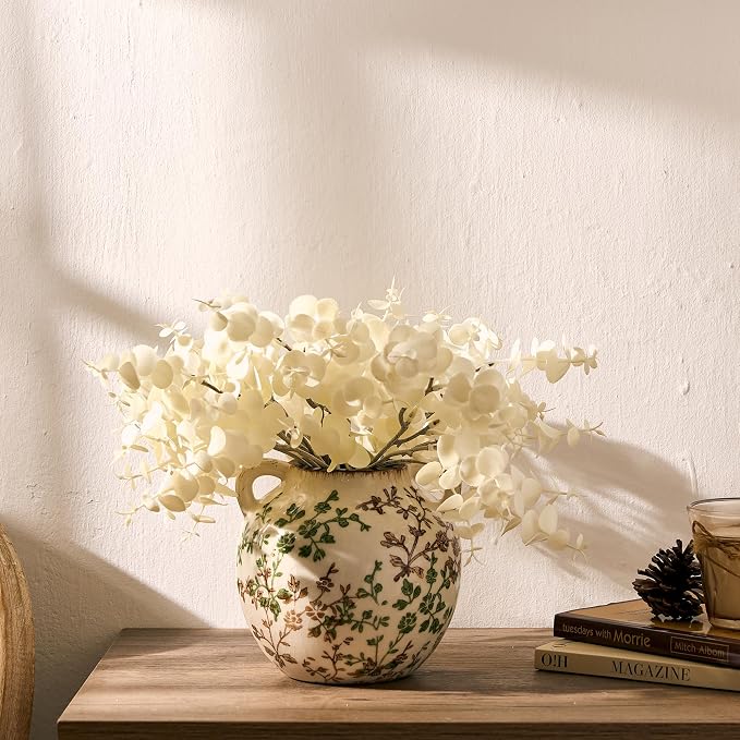 Green and Beige Antique Vase, 5.6 Inch Vintage Chinoiserie Floral Vase, Rustic Ceramic Vase for Home Decor, Living Room, Bookshelf, Office, Entryway, Garden, Chinoiserie Decor, Tuscan Decor