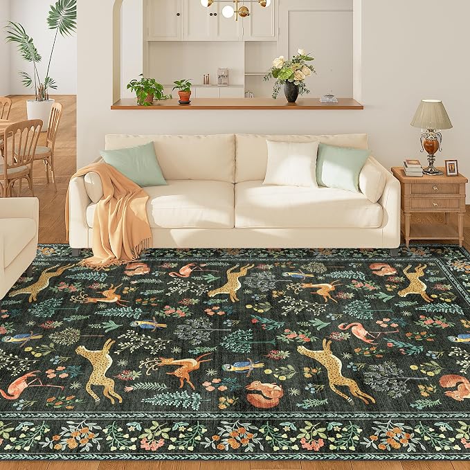 DUKINO 5x8 Area Rug for Bedroom, Soft Washable Animal Rug Non Slip, Black | Low Pile, Stain Resistant Indoor Carpet for Living Room, Dining Room, Kids Room, Office, Farmhouse, Pet Friendly, Lightweight