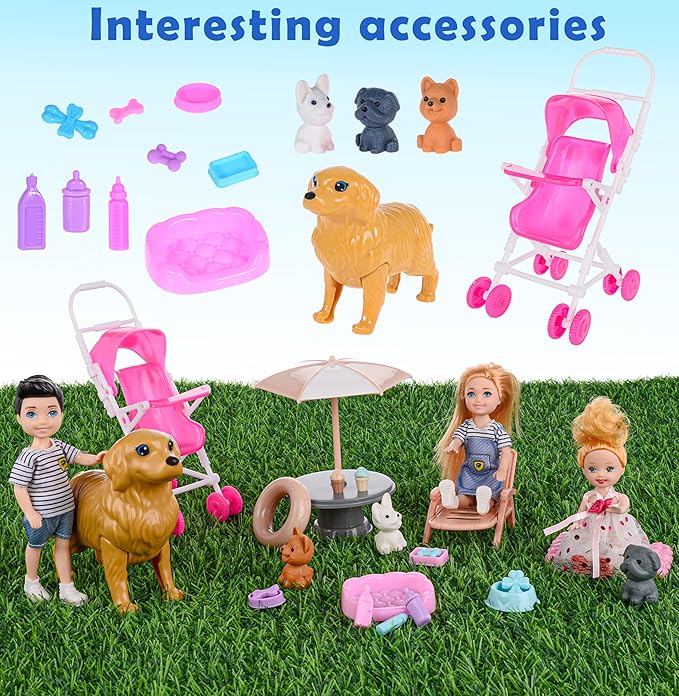 dollbie Dolls Family Playset with Baby Stroller Set- 6 People, Pets & Accessories for 3-12 Years Old | Toddler Gift with Pregnant Mom, Dad, 3 Kids, Dogs, and Interactive Play