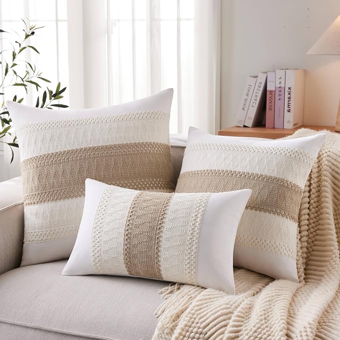 2pk Boho Pillow Covers 20x20, Natural White/Contrast/Taupe | 100% Organic Cotton Body, Stripe Embroidery, Farmhouse Decorative Cushion Covers for Sofa Bed Living Room Home Decor