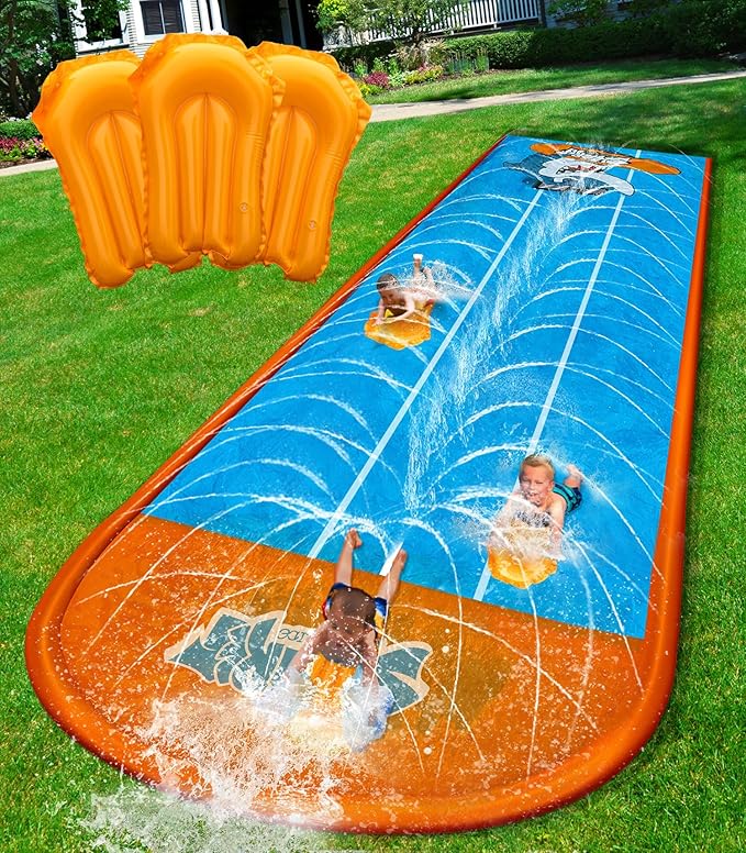Spring Water Slip and Water Slide for Kids Backyard, 17ft*3 Racing Lanes Slip Water Slides with Sprinkler for Age 5-8 8-12, Summer Outdoor Water Toy with 3 Inflatable Bodyboards